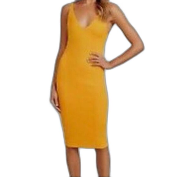 KOOKAI 1 (US 4) Mustard v-neck bodycon dress with Back Straps Flattering Glam - Picture 1 of 9